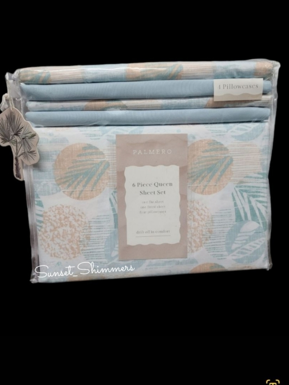 6pc Coastal Palm Leaf Tropical Sunset Queen Bed Sheets 4 Pillowcases Decor Set - Picture 5 of 9